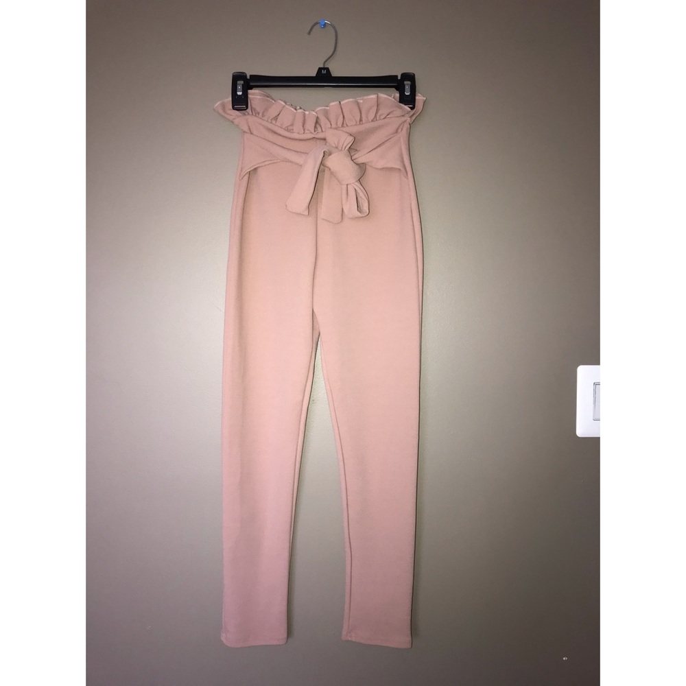 Blush pink paperbag skinny trousers